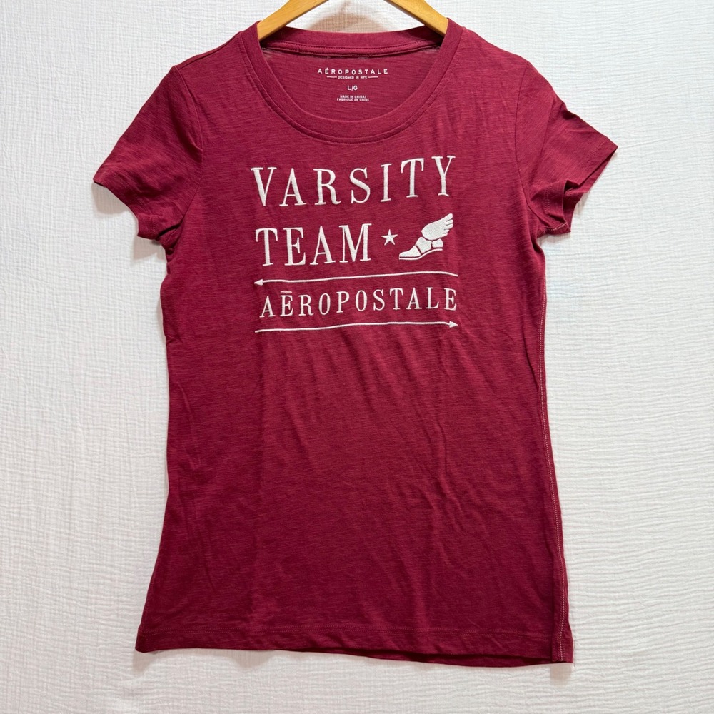 Aeropostale‎ Graphic T-Shirt Womens L Burgundy Varsity Team Short Sleeve Casual